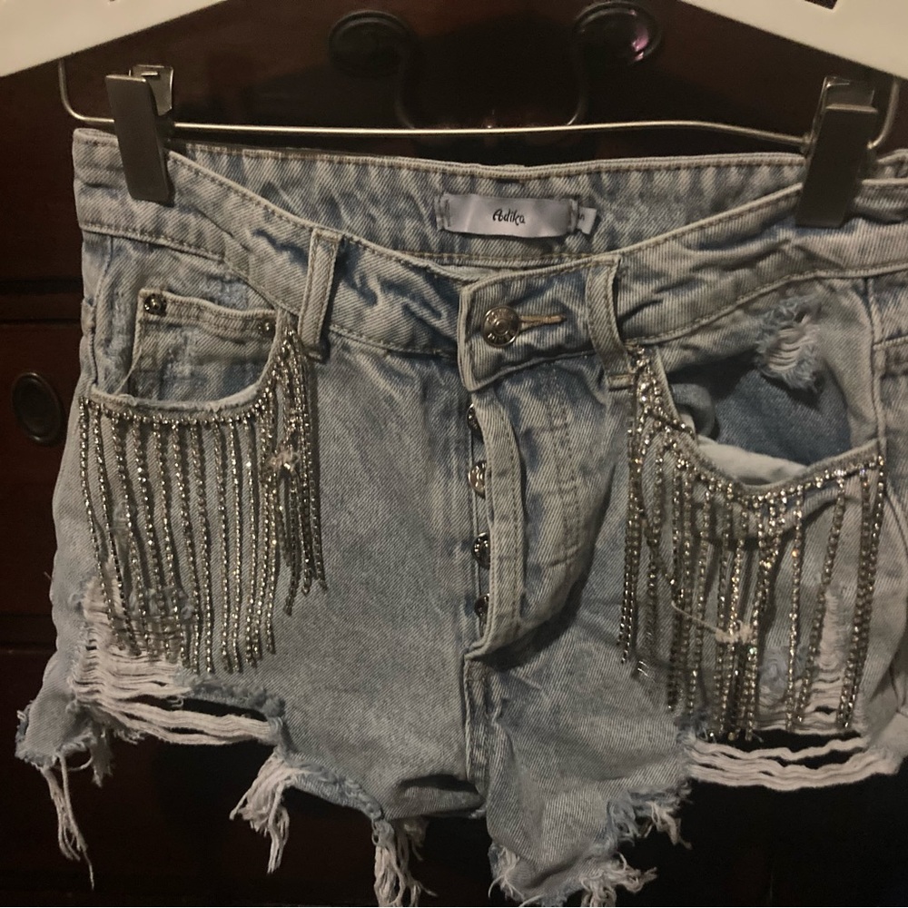 Adika Blue and Silver Jean Shorts with Metallic Fringe
